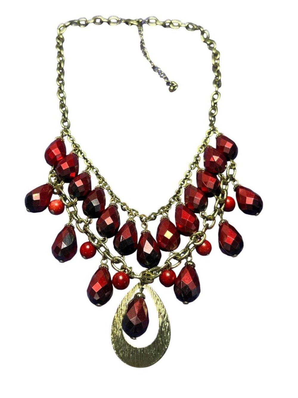 Goldtone Red Plastic Faceted Beaded Bib Necklace Lobster Clasp 18 - 21 inches Lo
